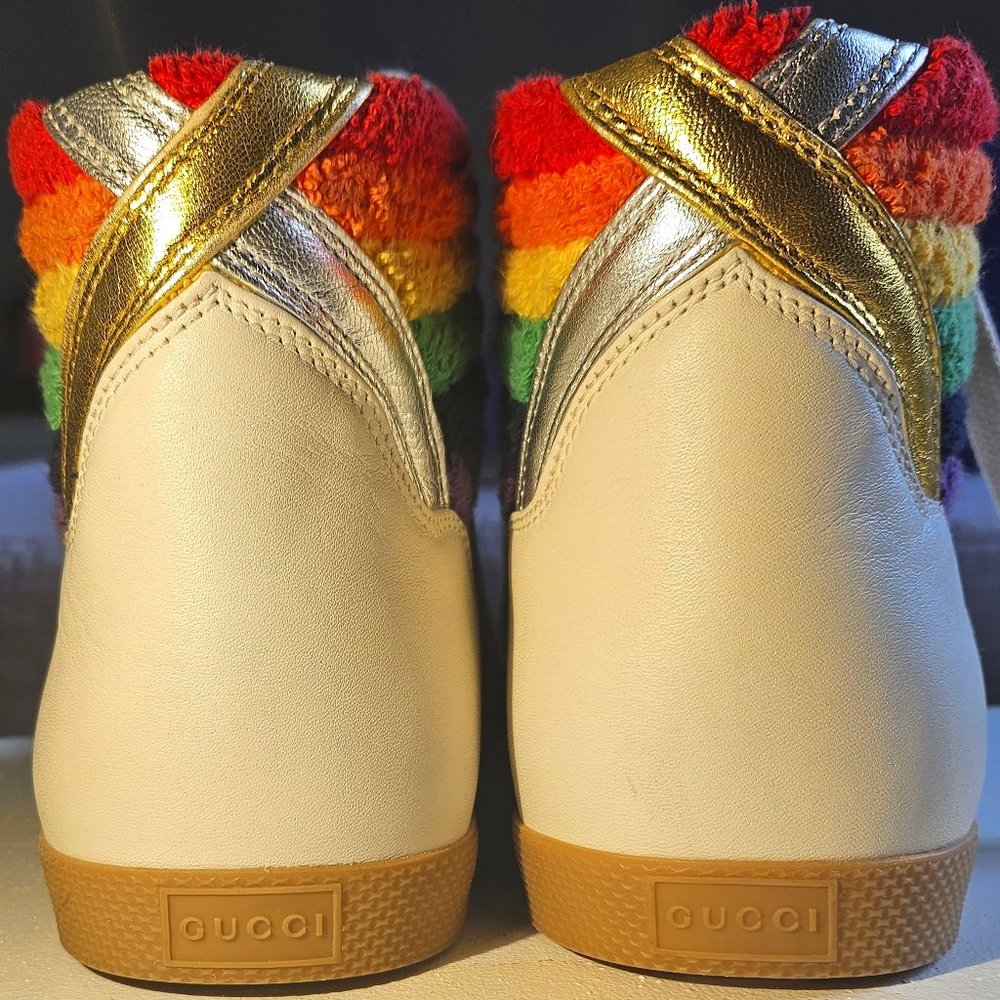 Gucci Men’s Bambi Rainbow White Leather High Top Sneakers US 7 1/2 - EU 39